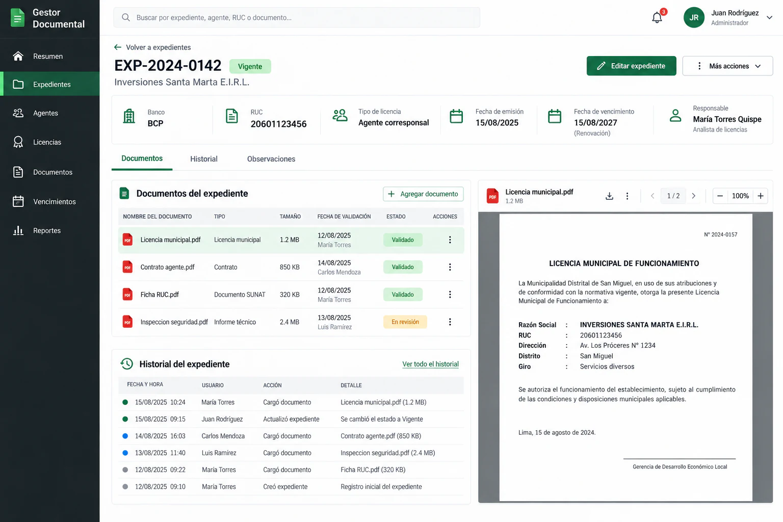 Sistema documental para gestionar licencias de agentes bancarios
