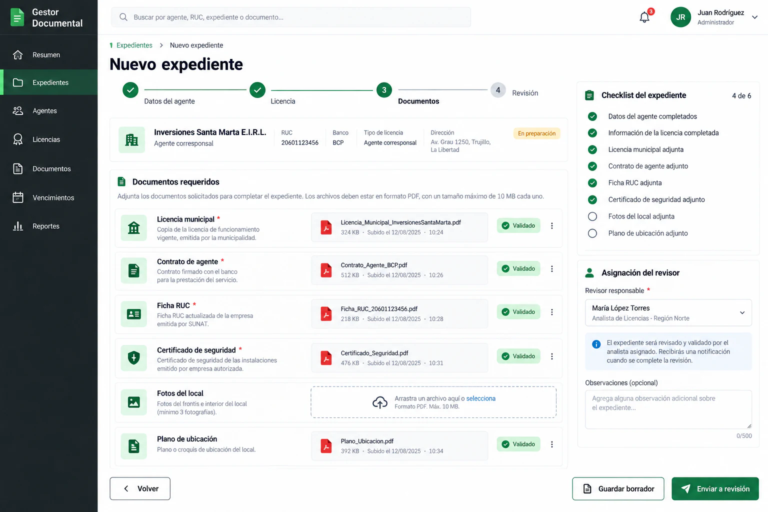 Sistema documental para gestionar licencias de agentes bancarios