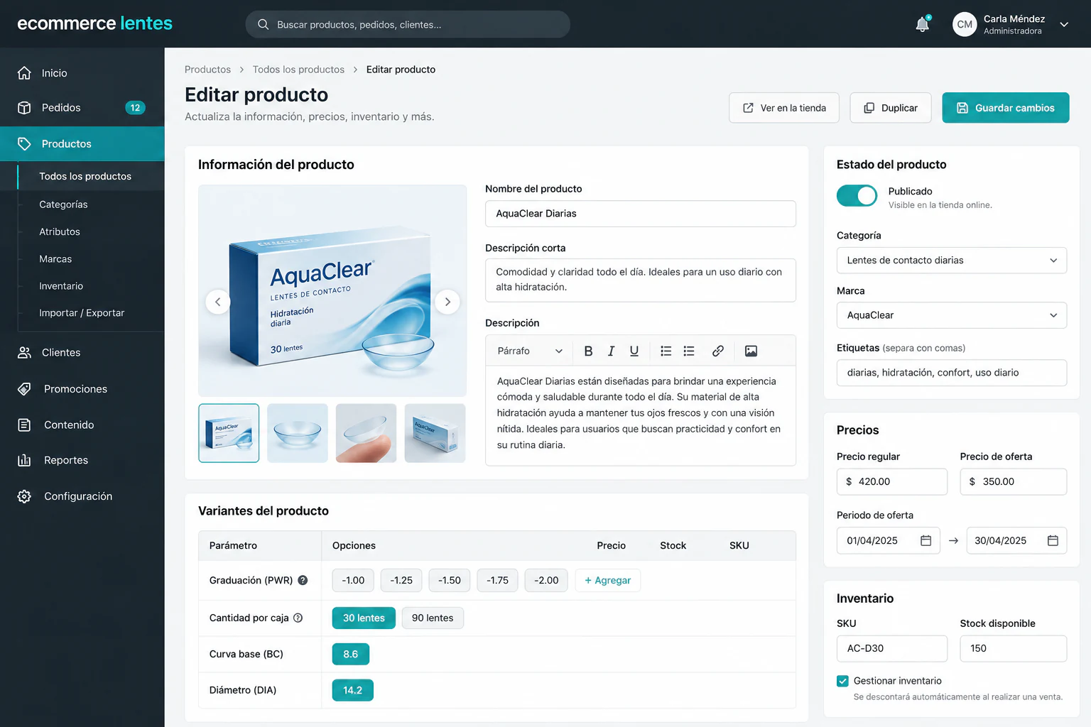 Sistema ecommerce lentes